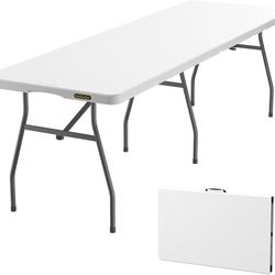 8ft Folding Table with Six Legs, 500 LBS Heavy Duty Plastic Fold-in-Half Table, Foldable Table w/Handle for Indoor Outdoor Party Wedding Off