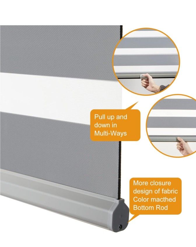 Persilux Cordless Zebra Blinds for Windows Free-Stop Roller Windows Shades (36" W X 64" H, Grey) Dual Layer Light Control for Day and Night, Light Fil
