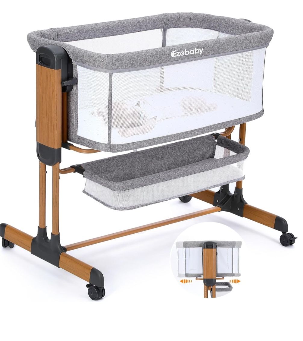 Ezebaby Baby Bassinet, Rocking Bassinet for Baby, Bedside Bassinet with Wheels,Storage Basket,Adjustable 7 Heights and All Mesh Sides, Portable Baby B