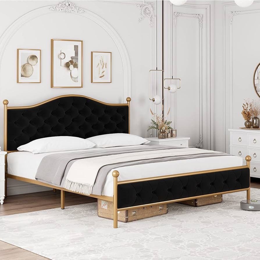 Black Velvet & Gold Metal King Size Bed Frame