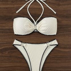 Swim Ladies Vacation Simple & Fashionable Bikini Set With Tooth Pattern Decorative Border & Cross Halter Strap Summer