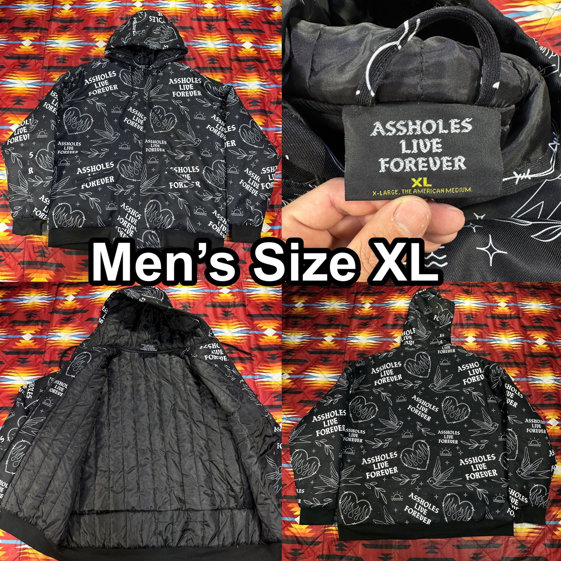 Assholes*s Live Forever Black Full Zip Hooded Jacket Men’s Size XL Hearts Doves