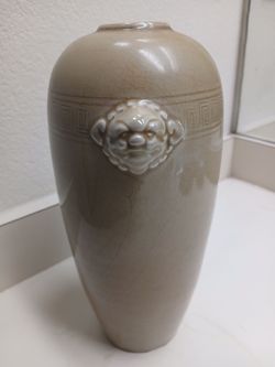 Vintage Stoneware Asian Vase w/ Beast Lion Head Handles *50.00 Firm* 9.5" Tall Home Decor Pottery