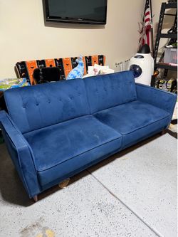 DHP Blue Velvet Convertible Futon Sofa Bed – Excellent Condition