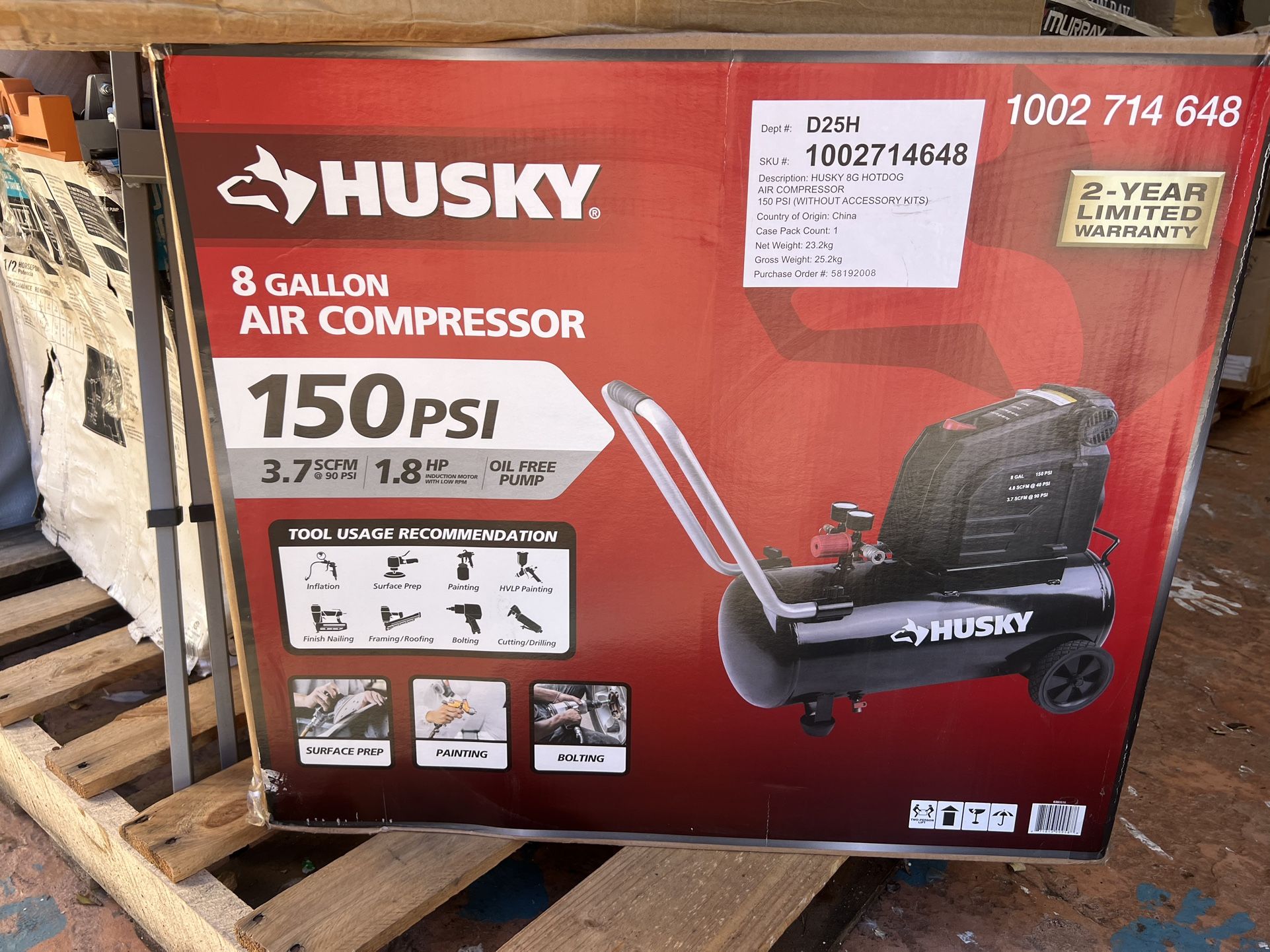 Husky 8 Gal. 150 PSI Portable Electric Oil-Free Horizontal Hotdog Air Compressor with Rubber Wheels and 1-Quick Coupler