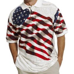 Patriotic U S Flag Shirt features a large, flowing American flag with the Declaration of Independence Sz. L