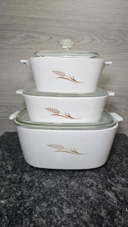 Three Vintage Corning Ware "Golden Wheat" or "Amber Waves of Grain" Dishes