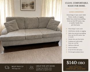 Clean Beige 3-Seat Couch Sofa $140 OBO Good Condition No Stains/Smells/tears/rips