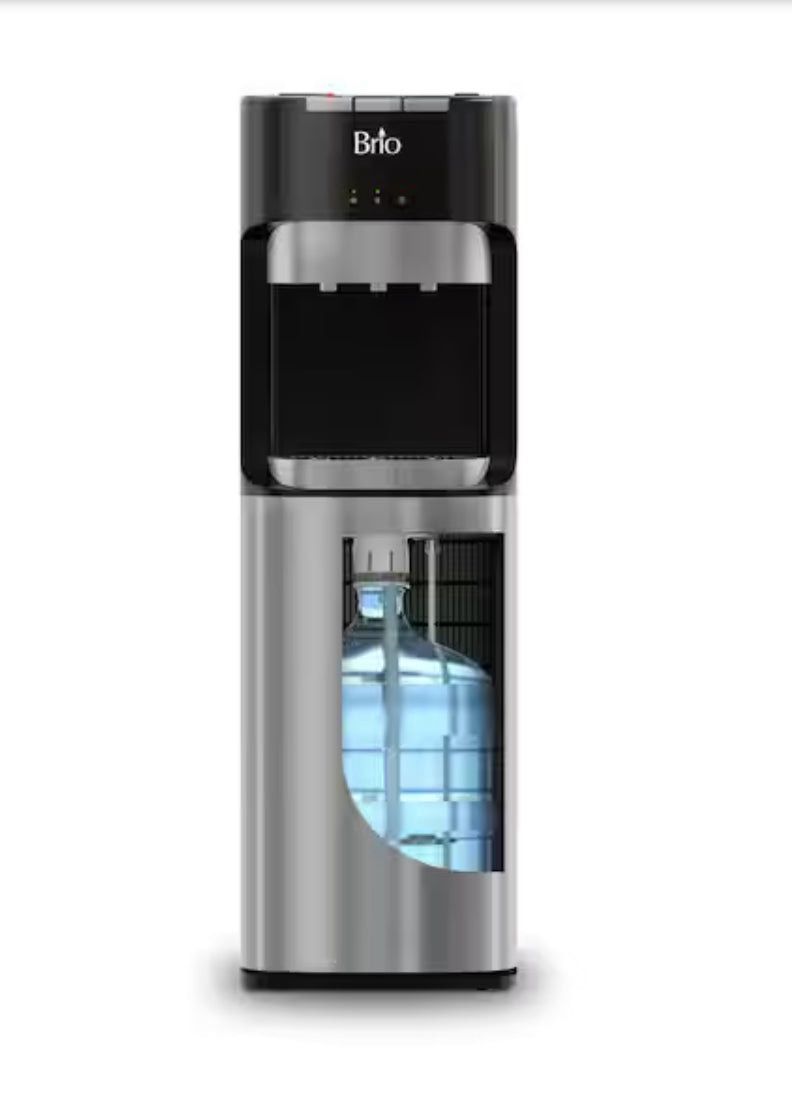 Hot Cold and Room Temp Water Dispenser Cooler Bottom Load, Tri-Temp, Black and Brush Stainless Steel, Essential Series, Black, Silver Trim, Brio 420