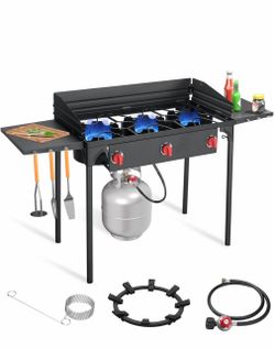 3 Burners Portable Propane Stove with Wind Panel&Side Shelves, Camping Propane Stove, Outdoor Stove for Camping