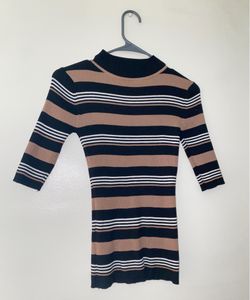 Striped Mock Neck Ribbed Knit Top Medium