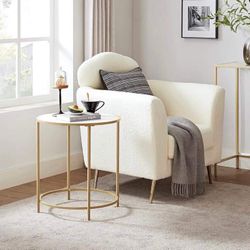 Round Side Table, End Table with Metal Frame, Small Coffee Accent Table, Nightstand, Bedside Table, Gold and White