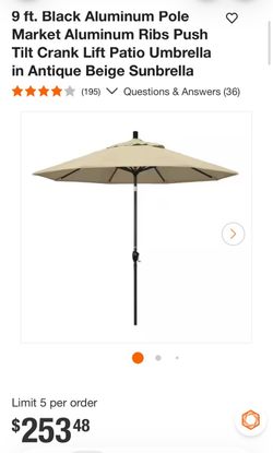 Shop California Umbrella 9 ft. Black Aluminum Pole Market Aluminum Ribs Push Tilt Crank Lift Patio Umbrella in Antique Beige Sunbrella