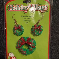 Holiday Wreath Pin And Earring Set