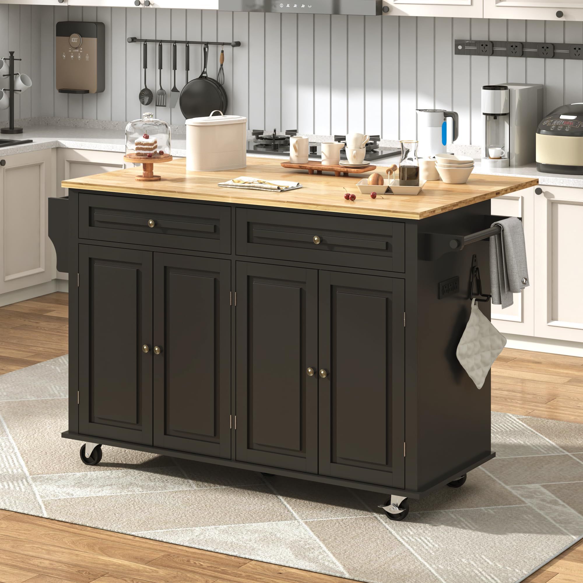 59" W Rolling Kitchen Island with Drop Leaf – Movable Kitchen Carts on Wheels Island with Storage Cabinet, Island Table for Kitchen with Rubber Wood T