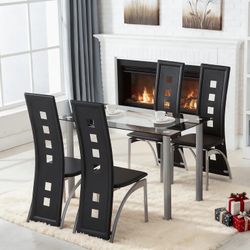 Modern Glass Dining Table Set – 4 Black Faux Leather Chairs