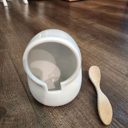modern white ceramic salt cellar with a matching wooden spoon, good condition