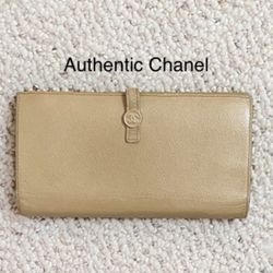 Authentic Chanel Beige Leather Wallet Snap Closure BiFold