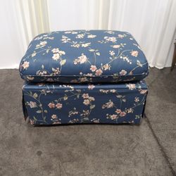 Blue Floral Fabric Ottoman with Skirted Base