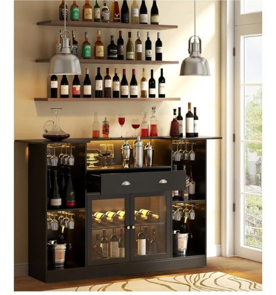 Bar Table Cabinet with LED & Drawer, Mini Liquor Bar with 8-Tier Storage & Stemware Holder, Wine Alcohol Bar Stand with Glass Door & Adjustable Wine R