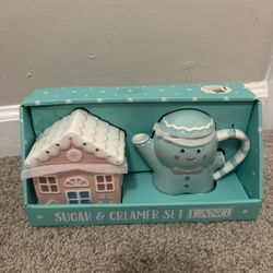 LANG Pastel Hand Painted Christmas Gingerbread House Man Sugar Creamer Set