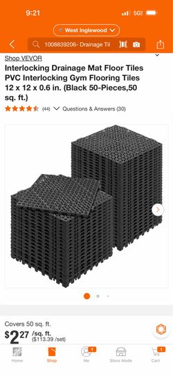 VEVOR Interlocking Drainage Mat Floor Tiles PVC Interlocking Gym Flooring Tiles 12 x 12 x 0.6 in. (Black 50-Pieces,50 sq. ft.)