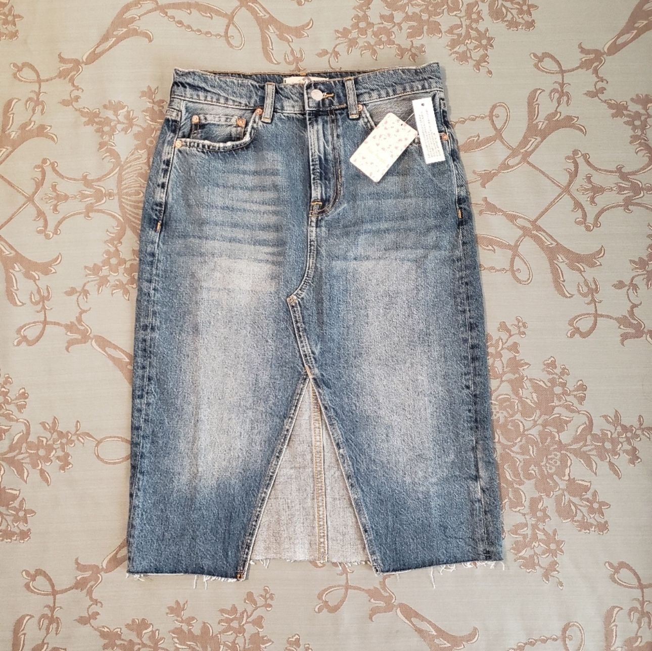 Free People We The Free Suzanne Midi Indigo Blue Denim Pencil Skirt Size 2