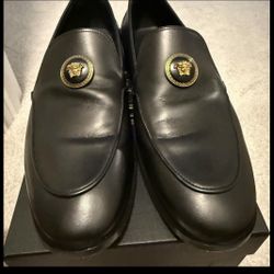 Versace Black Leather Loafers w/ Gold Medusa – Size 10 + Original Box