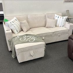 Beautiful Ivory Corduroy Sectional Sofa With Storage,  Pullout Bed,  And USB Port 