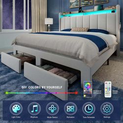 Velvet Vertical Tufted Queen Upholstered Platform Bed Frame with 2-Tier LED Storage Headboard & 2 Storage Drawers, USB & Type-C Charging Po