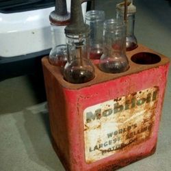 Vintage 1940's MOBILOIL SERVICE STATION ISLAND METAL BOTTLE RACK with ORIG.  (5) Glass Bottles & Original Vinyl Shield Sign..asking $450. (29x16x10)