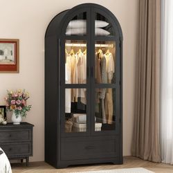 71"H Arched Armoire Wardrobe Closet for Bedroom w/ Glass Door & LED Sensor Light, Wooden Wardrobe Closet Clothing Storage Cabinet w/1 Drawer & Hanging