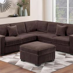 Brand New Brown Plush Corduroy Sectional Sofa w Ottoman 