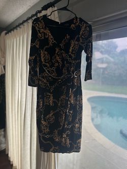 Medium-Black and Gold Baroque Print Midi Dress
