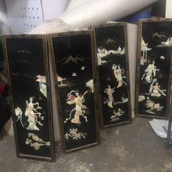 Oriental Japanese Mother Of Pearl Black Laquer 4 Panel Wall Hanging