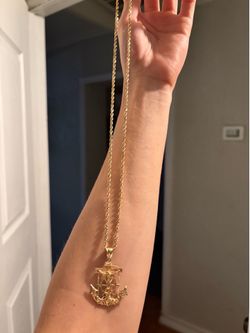 14k Gold Rope Chain and Jesus on an Anchor Pendant