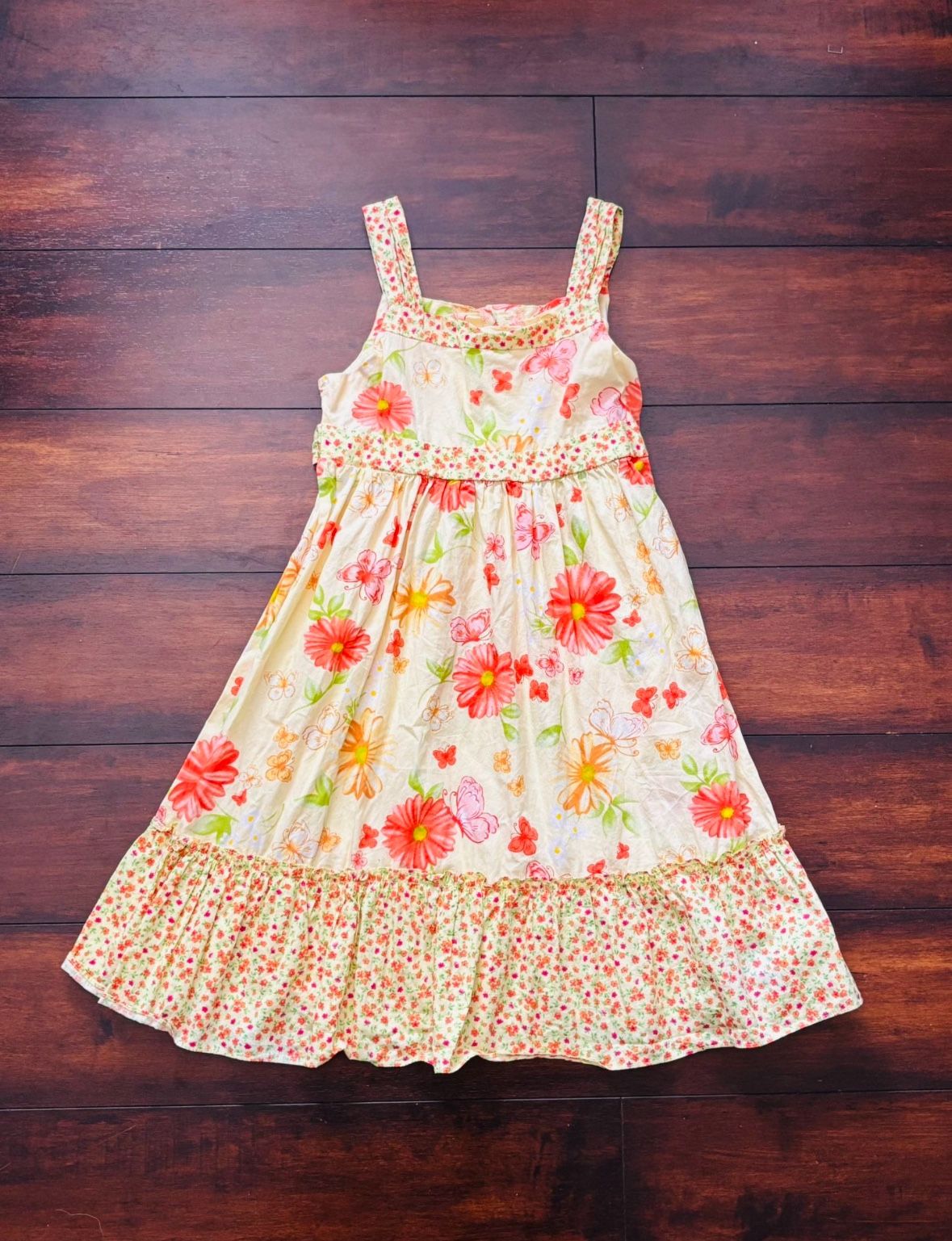 Baby Girl Clothes Little Girls Vintage Yellow Sundress Flowers And Butterflies With Ruffled Hem And Straps Size 6T/6X