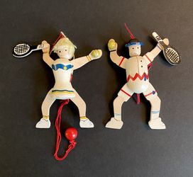 2Vintage Wooden Jumping Jack Pull String Christmas Ornament Tennis Playing Pair