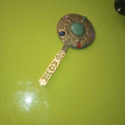 Antique Small Purse Mirror With Gemstone And Ivory 
