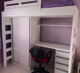 White Loft Bed with Desk and Wardrobe