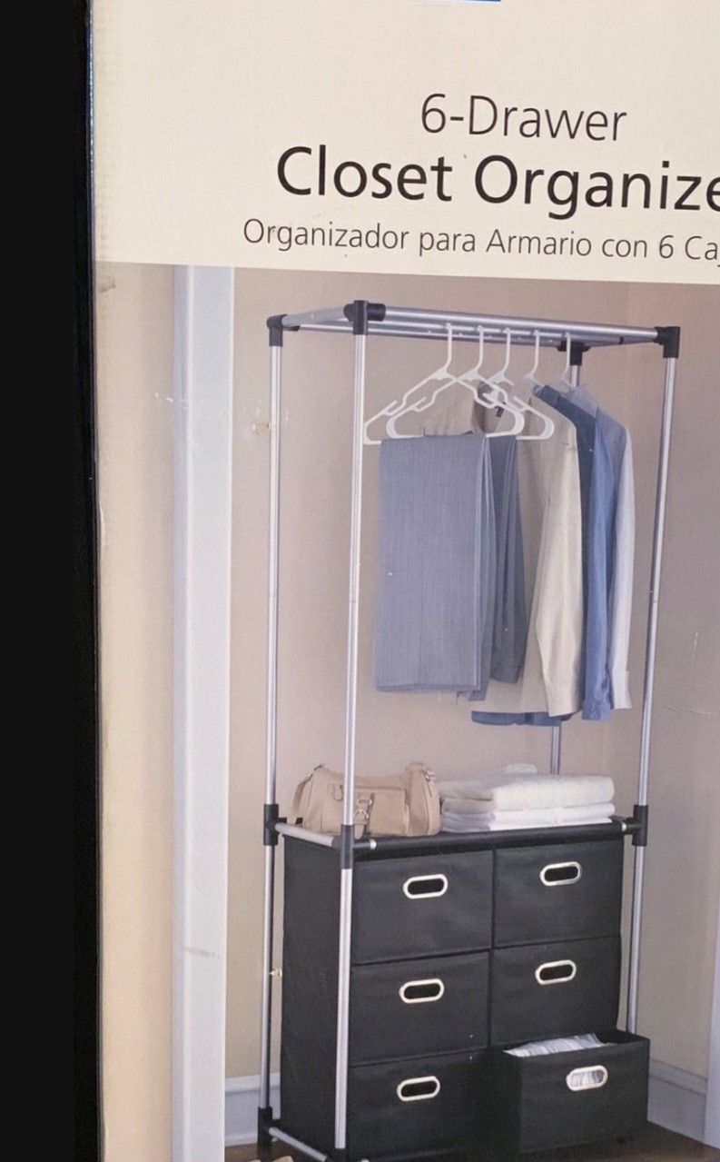 MAINSTAYS Closet Organizer with 6 Storage Drawers, Item size: 29.7in. Wx16.1in. Dx72.2in.H; Silver grey powder coating with black fabric accessories