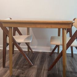 Folding Dining Table & Chairs - White Leather, Wood Grain