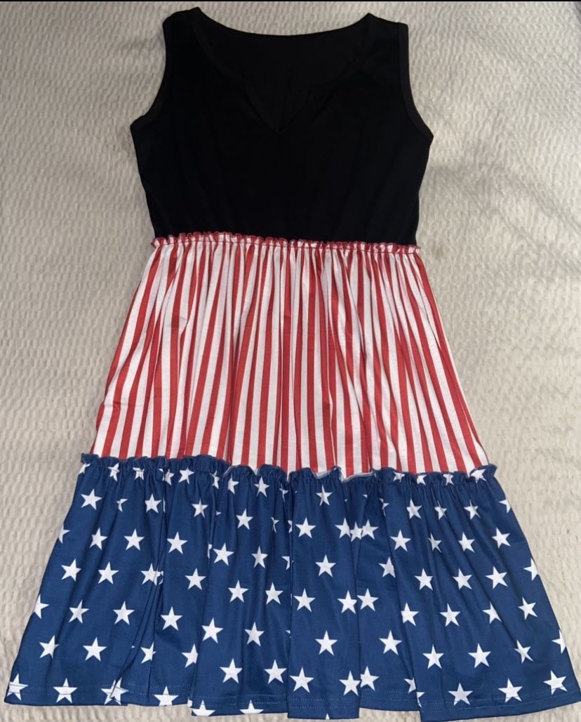 New Lanmertree Womens American Flag Star Vertical Striped Ruffled Mini Dress Sundress L/Large