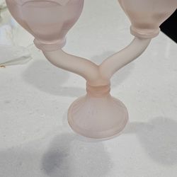Vintage Pink Satin Frosted Glass Candle Double Holder