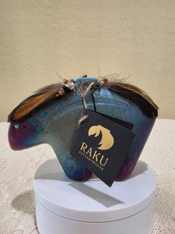 Jeremy Diller Raku Pottery Spirit Bear Fetish Figurine Turquoise Eye Feathers B1