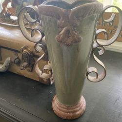 Green And Brown Ceramic Vase With Metal Scroll Handles