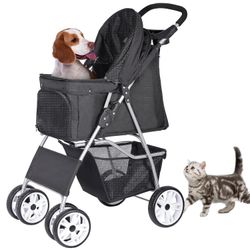 Foldable Pet Stroller, Cat/Dog Stroller with 4 Wheel, Pet Travel Carrier Strolling Cart with Storage Basket, Cup Holder (Black)