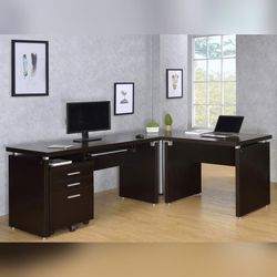 L shaped Office desk with drawers Brown wooden Computer table