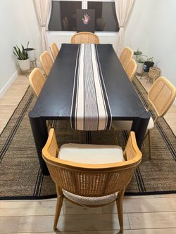 Black solid Wood Dining Table with 8 Rattan Chairs- 96” table
