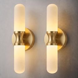 Gold Wall Sconces Set of 2 - 14" Milk Glass Brushed Brass Light Fixtures Handmade Opal Glass